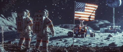 Two proud astronauts plant the American flag on the alien planet. In the background are a research station and a rover. photo