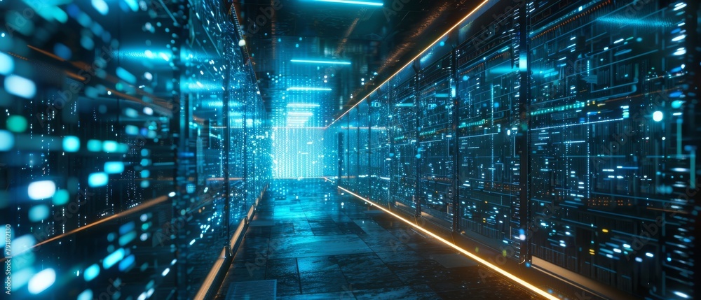 Script Codes and Numbers Visualization Projection in a Working Data Center Corridor with Rack Servers and Supercomputers.