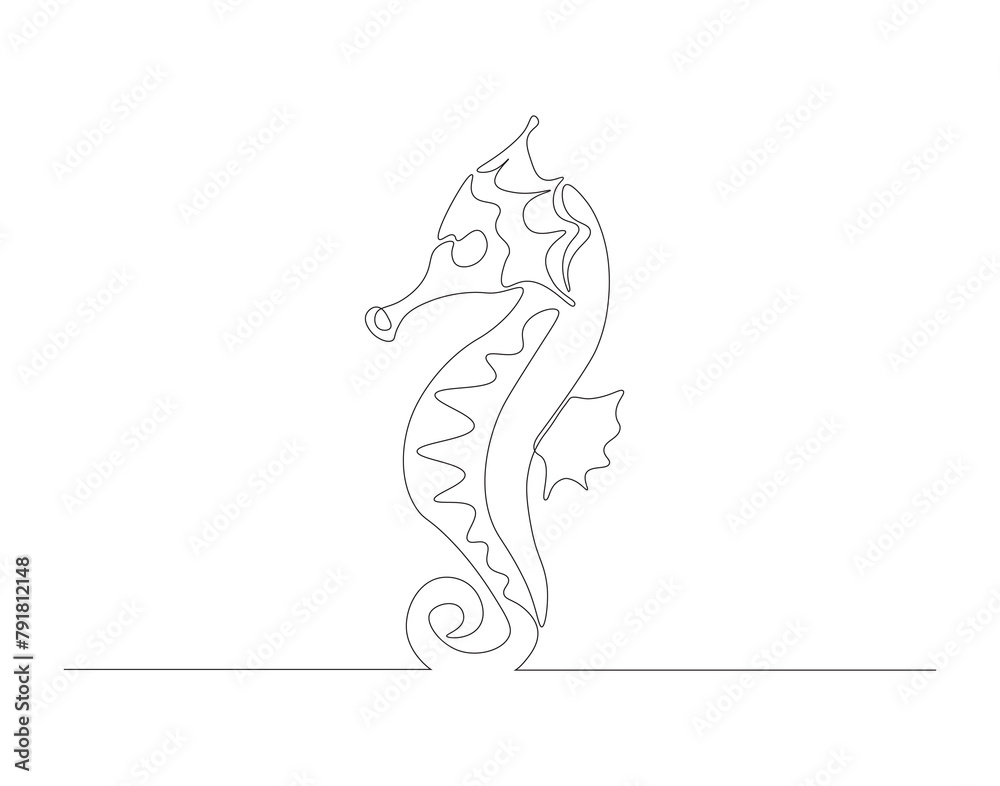 Naklejka premium Continuous line drawing of seahorse. One line of seahorse. Marine animal concept continuous line art. Editable outline.