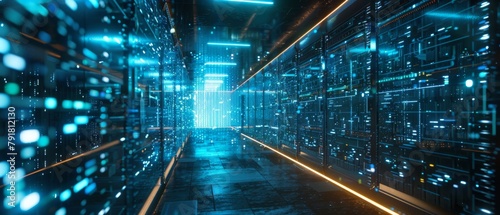 Script Codes and Numbers Visualization Projection in a Working Data Center Corridor with Rack Servers and Supercomputers.