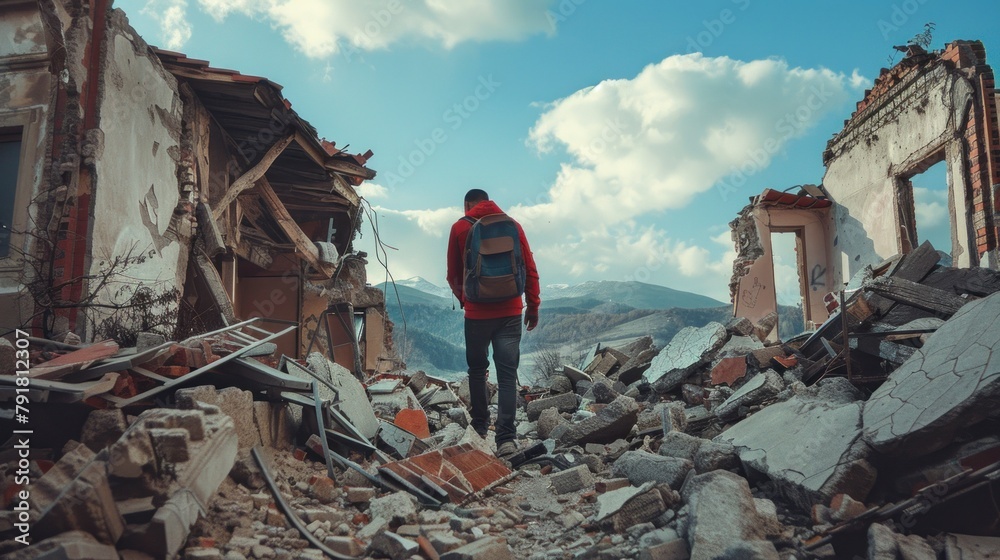 man walking on ruins after an earthquake that destroys everything and left day debris in high resolution and high quality. search concept