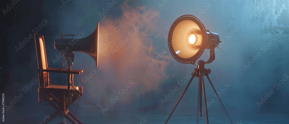 A director's chair, a megaphone, and a movie clapper are rendered in 3D on a dark background.