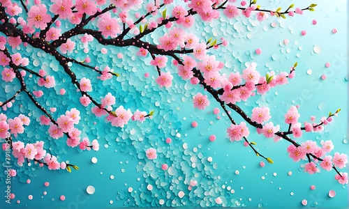 Abstract spring cherry blossoms. 3D dotted art for a cheerful wall. Generative AI