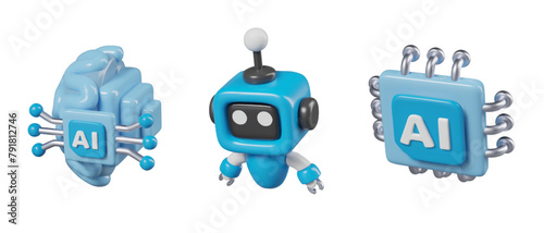 Realistic brain connected to computer spare part, small robot, processor with label AI