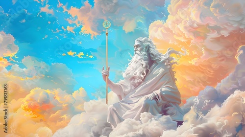 Powerful Olympian God Wielding Thunderbolt in Dramatic Celestial Landscape