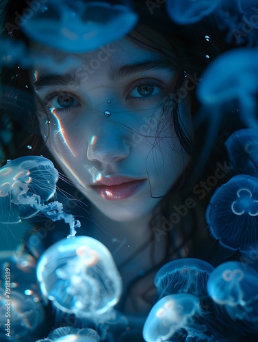 Ethereal Underwater Fantasy Portrait of a Serene and Enchanting Woman Surrounded by Glowing Jellyfish in a Mystical Dreamlike Aquatic Realm