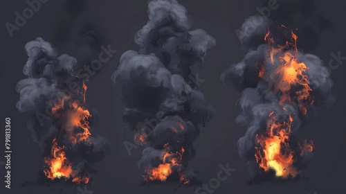 Isolated on gray background, a modern realistic set of black smoke clouds from burning fire.