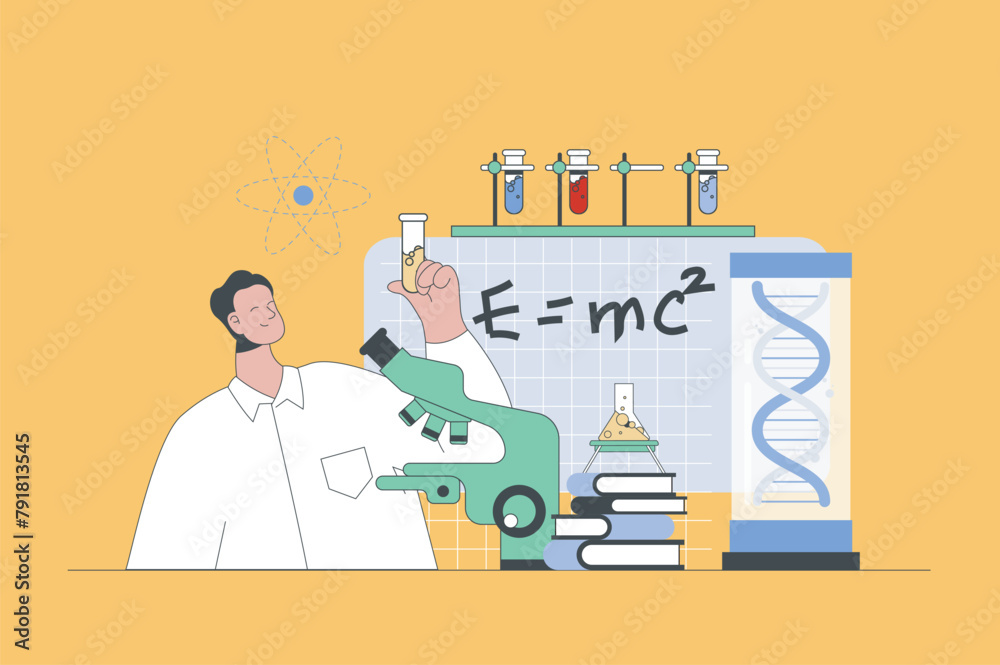 Science laboratory concept in modern flat design for web. Man making lab tests at flask and microscope, making professional expertise. Vector illustration for social media banner, marketing material. - obrazy, fototapety, plakaty 