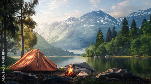 Lake side camping tent, camping site in nature with tents and campfire, mountain landscape on the background photo
