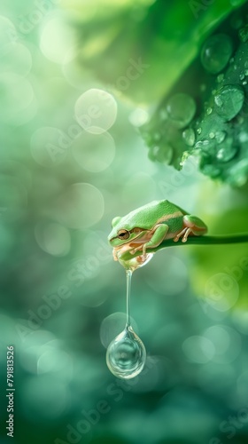 A vivid green tree frog hangs delicately from a leaf, clutching the stem as a single dewdrop hangs below it