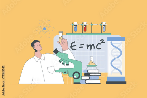 Science laboratory concept in modern flat design for web. Man making lab tests at flask and microscope, making professional expertise. Vector illustration for social media banner, marketing material. © alexdndz