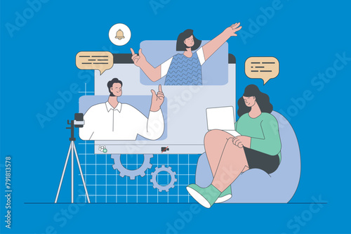 Video communication concept in modern flat design for web. Woman connecting with friends and colleagues online, using zoom for meeting. Vector illustration for social media banner, marketing material.