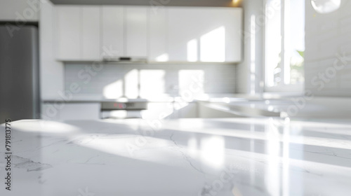 Abstract white minimalistic Scandinavian style kitchen background with the worktop close up for advertisement.