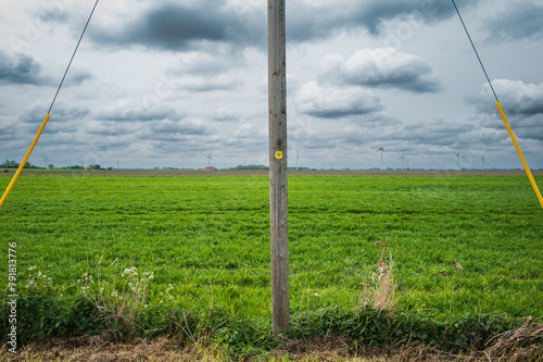 Shallow focus of a wooden telegraph pole and metal roped anchor points seen in a rural, English location. The pole is used to carry fibre optic broadband to a rural community.