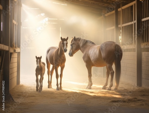 A horse and a foal in a barn, surrounded by darkness and shadows