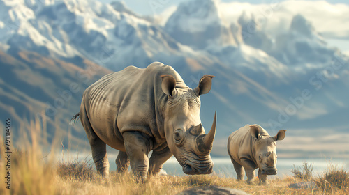 Baby white rhinoceros and mother, in the nature. White Rhino (Ceratotherium simum) photo