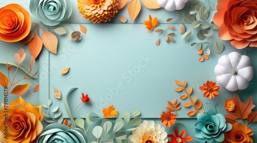 The celebration of autumn can be summed up by a white paper frame filled with colorful paper pumpkins, flowers, and leaves. photo