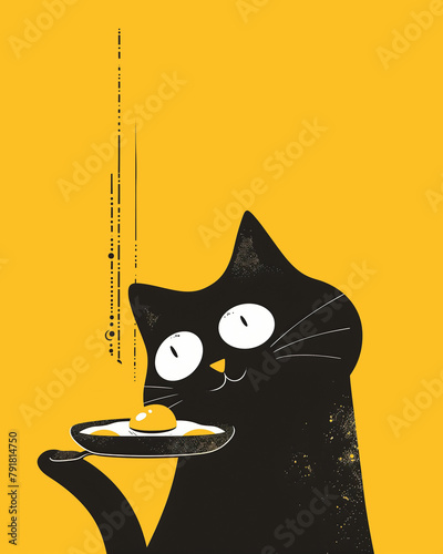 2d cat tasting fried eggs. Flat doodle. Sunny side up. Vertical illustration. Black and yellow photo