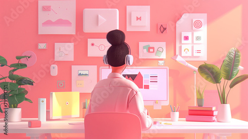 Woman in headphones working at her desk in the office. 3d character. Horizontal layout. © kovaleva_ka