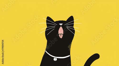 Yawning or singing 2d cat illustration. Black and yellow, horizontal layout © kovaleva_ka