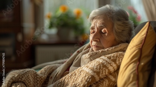 Ill elderly female with flu on couch, wrapped in blanket, sneezing, subdued lighting, home setting