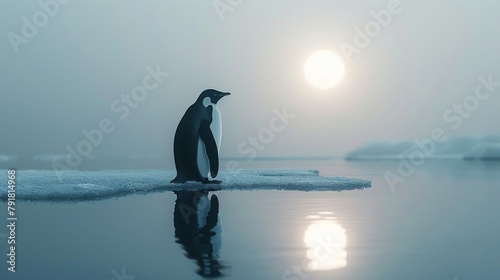 Minimalist arctic scene with a single penguin on a melting ice floe under a bright sun  climate crisis metaphor