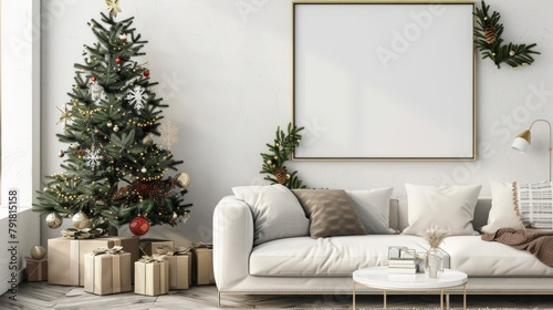 Fototapeta Naklejka Na Ścianę i Meble -  Living room wall Frame poster mockup. Interior mockup with house background. Modern interior design with Christmas tree decoration