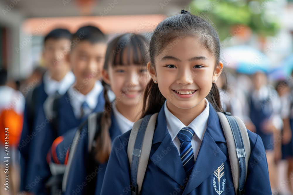 Smiling young girl in school uniform with badge, leading a line of peers out of focus in the background. Smiling young girl in school uniform with badge, leading a line of peers out of focus in the background.