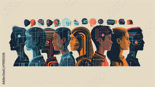 Illustration of diverse human and robot profiles symbolizing the blending of humanity with technology, AI, and futuristic concepts,combination of humans and technology