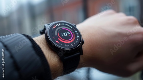 A smartwatch with a black case and black band is being worn by a person. The watch face is displaying the time, date, and battery percentage.
