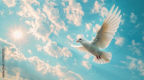 A serene sky funeral scene, expansive blue sky with soft clouds, a single white dove ascending gracefully