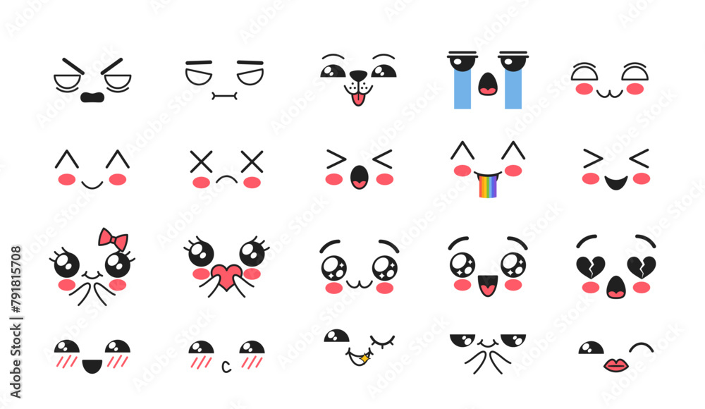 Kawaii Facial Expressions, Emojis Set. Angry, Bloat With Rainbow, Smile, Mustached Gentleman With Monocle