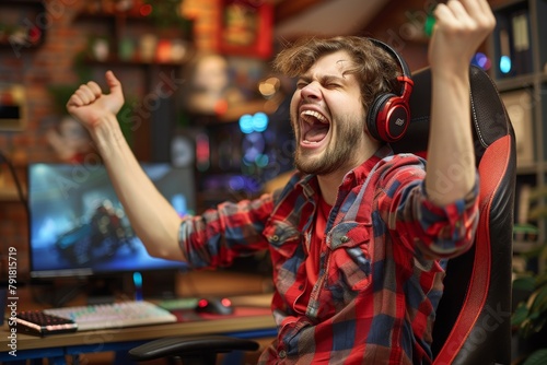 Male gamer in a flannel shirt celebrates a victory, illuminated by the screen in a cozy gaming setup, Concept of gaming triumph and leisure at home photo
