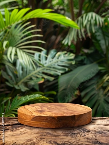 A simple, rustic wooden dais is nestled amidst a verdant and overgrown tropical landscape, creating an earthy, natural backdrop for product presentation.