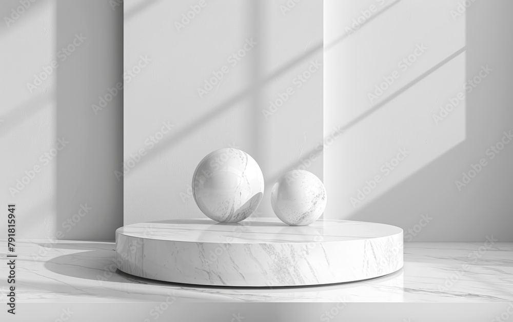 An immaculate white marble podium with two polished spheres, bathed in soft shadows and light in a serene setting. An immaculate white marble podium with two polished spheres, bathed in soft shadows and light in a serene setting.