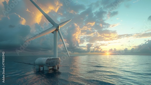 An offshore floating wind turbine floats on the ocean. photo
