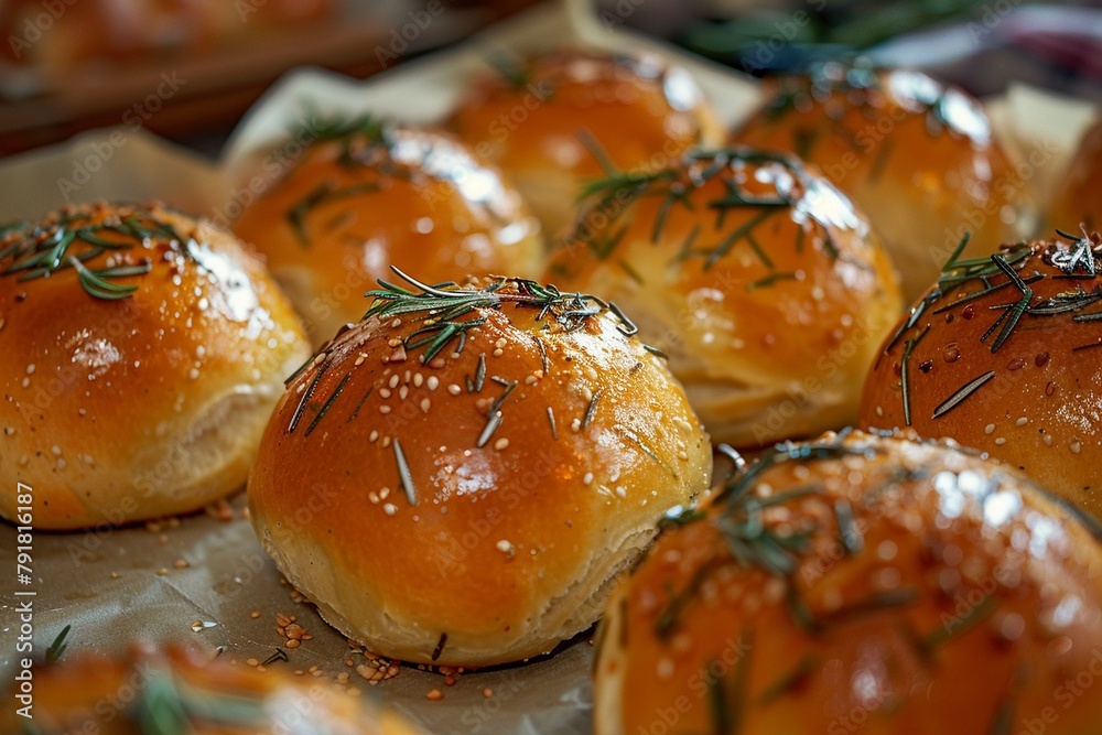 Artisan rosemary bread rolls, steam rising, arranged neatly on baking parchment, kitchen setting