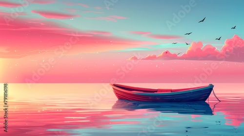Sea, lake, or pond scenery landscape, lonely wooden boat on calm water in early morning with birds flying in pink sky, cartoon modern illustration of sea, lake, or pond scenery. photo