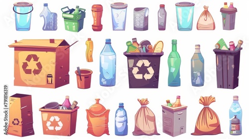 The garbage  trash  and litter bin isolated cartoon set. Old plastic cups  glass bottles  creased carton boxes  waste sacks  container with recycling symbol on white background.