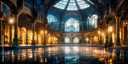 Majestic Gothic Hall with Renaissance Touches Bathed in Golden Light, Exemplifying Luxurious Historical Architecture.
