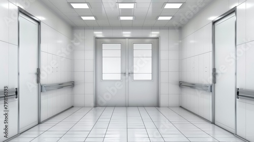 An empty interior with double doors with rectangular windows  a hallway with white walls and tiled floors  and a realistic 3d modern illustration.