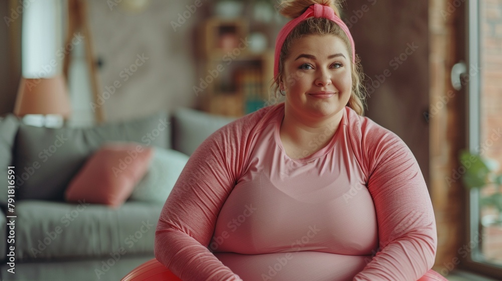 Cheerful overweight female in fitness clothes, seated on a fitball, direct eye contact, home background, motivational workout scene