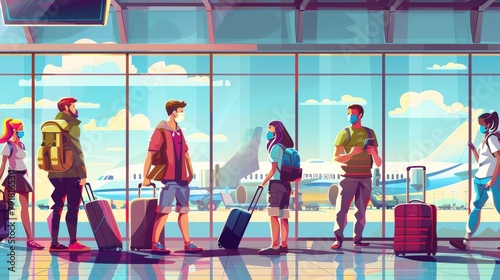 Tourists with luggage wait in airport terminal during Coronavirus pandemic while wearing masks. People in departure area interior, cartoon illustration.
