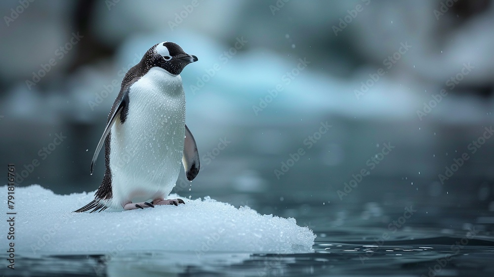 Closeup of a penguin looking somber on a small ice floe, melting ice dripping into the ocean, climate change focus