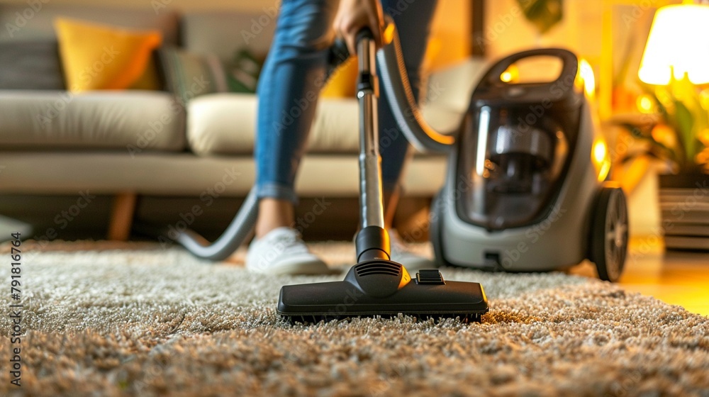 Closeup of female cleaning carpet with vacuum, living room setting, warm indoor lighting