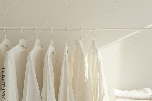 Minimalist room interior with white shirts hanging on a hanger by the window on white walls
