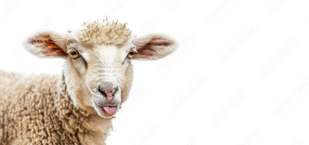 Funny young sheep or lamb close up banner, showing her tongue on white background with copy space.