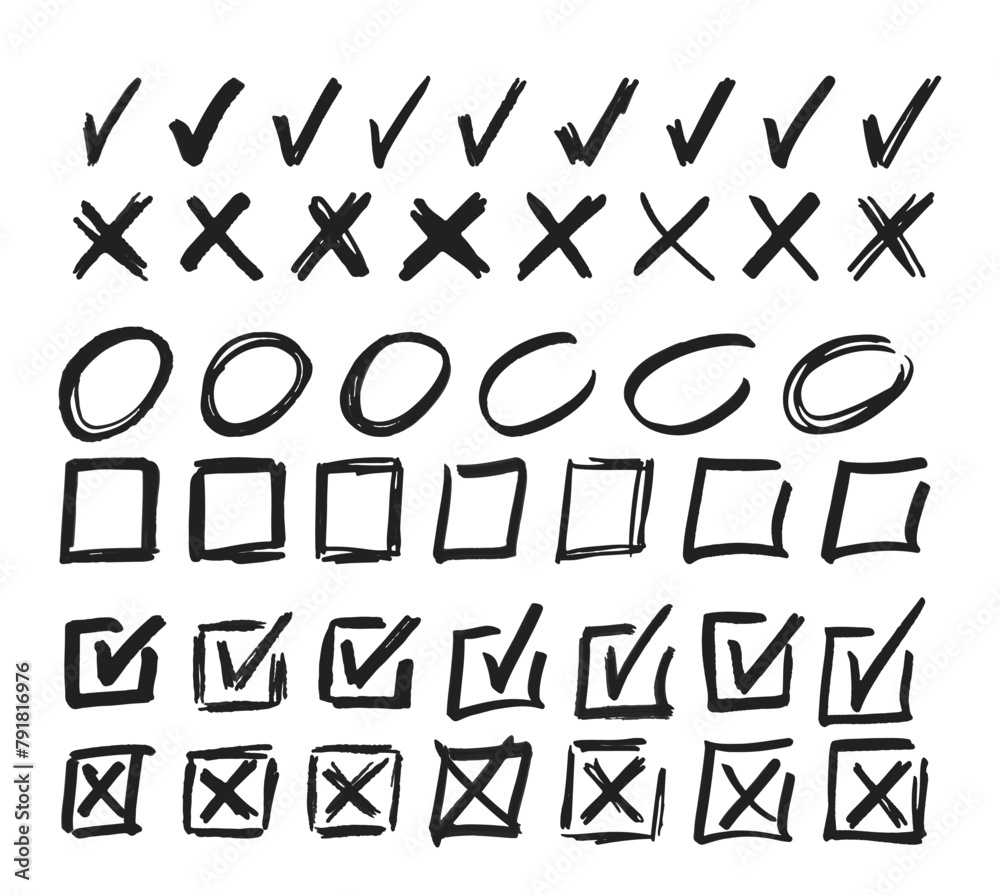 Doodle Cross And Check Marks, Square Boxes And Circle Frames Manuscript Writing Elements. Vector X and V Symbols