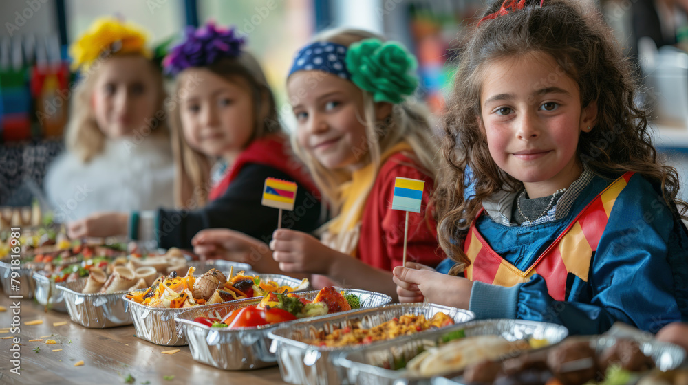 Children with Romanian flags at a festive table filled with traditional food, celebrating with colorful attire and cheerful smiles. Children with Romanian flags at a festive table filled with traditional food, celebrating with colorful attire and cheerful smiles.