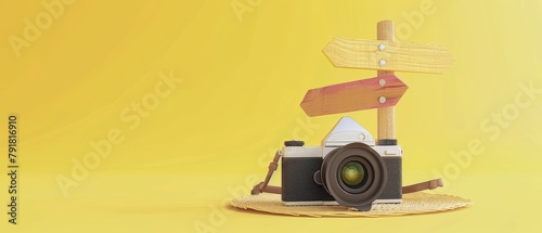 A hat and a camera on a yellow background with a signpost. A travel concept 3D rendering